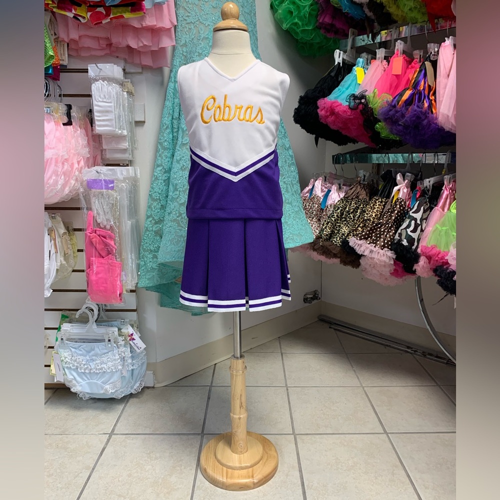 Childs Size 12 Purple Gold & White Cobras Logo Cheerleading uniform Set NWT